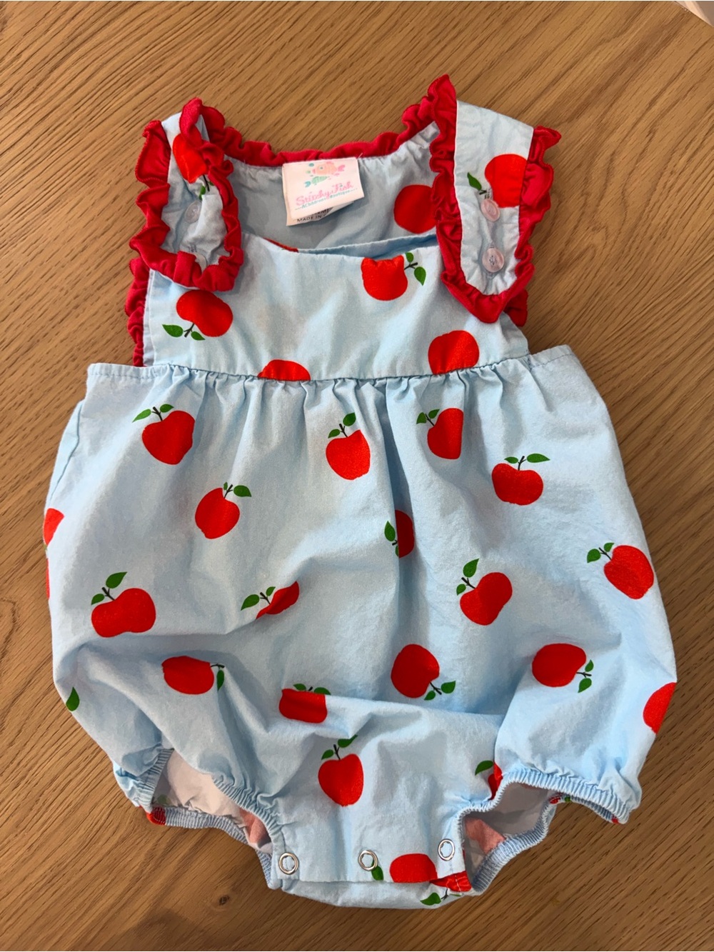 Light Blue Apple Print Baby Bubble Romper with Red Trim